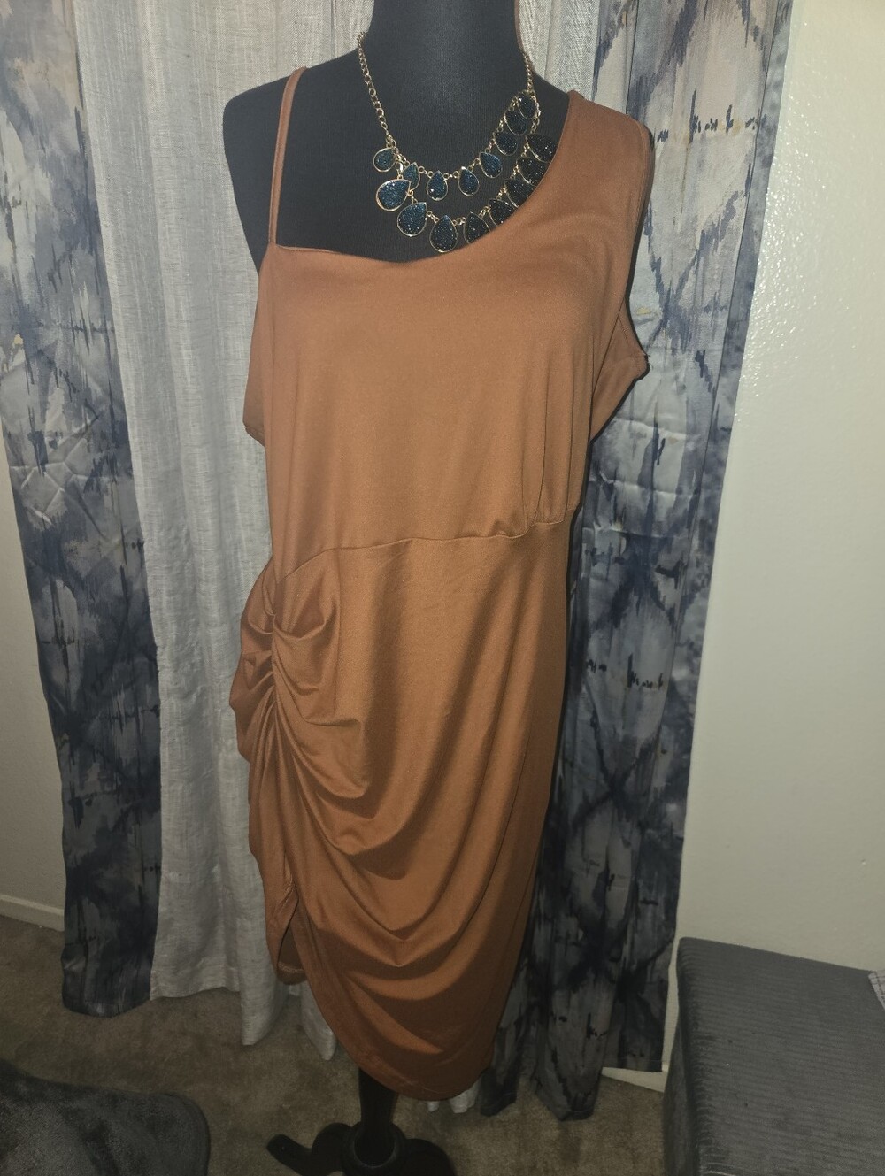 One-Shoulder Draped Dress in Rust